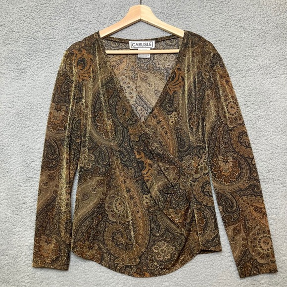 Carlisle Tops - VTG Carlisle Wrap Top Women‎ L Brown Metallic Fairy Whimsigoth Mob Wife 80s 90s